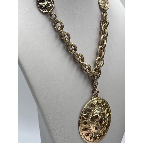 Chicos Chain Link Coin Station Round Rhinestone accent Pendant Necklace - Picture 6 of 12